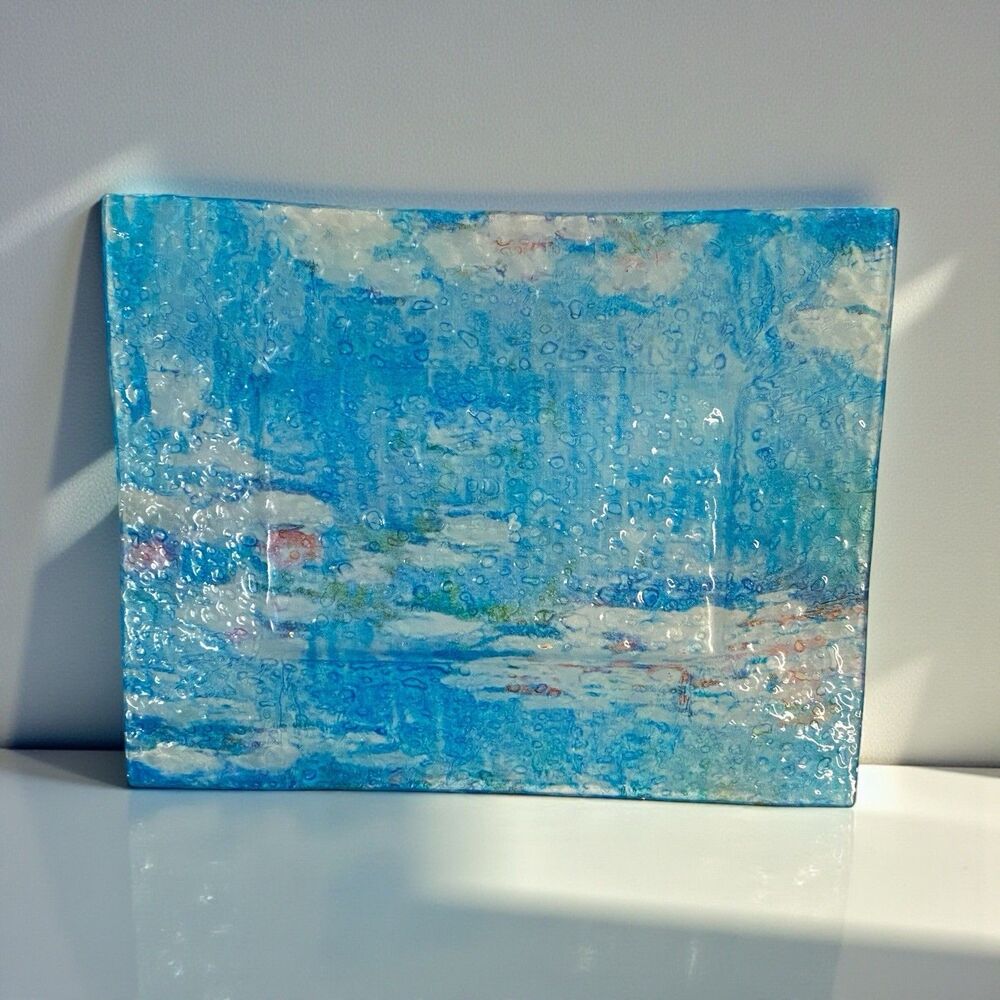 Pebbled Textured Art Glass Trinket Serving Tray Dish Abstract Blue Multi Rect.